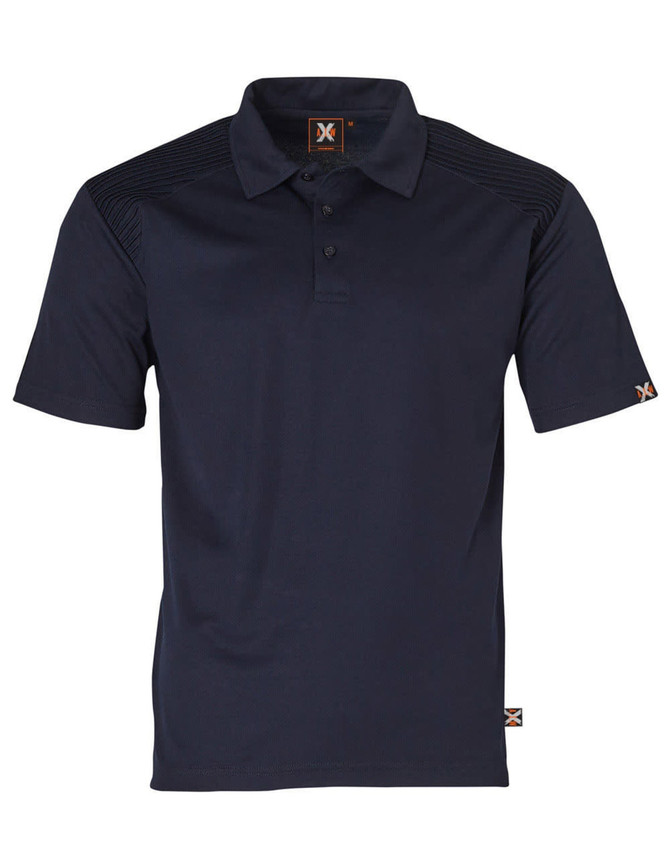 A navy polo shirt featuring short sleeves and a logo on the collar, designed for workwear.