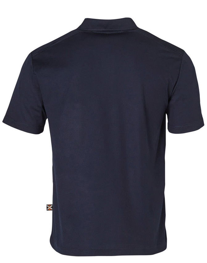 A navy blue short-sleeved polo shirt with a logo on the side. The back view features a classic collar design.
