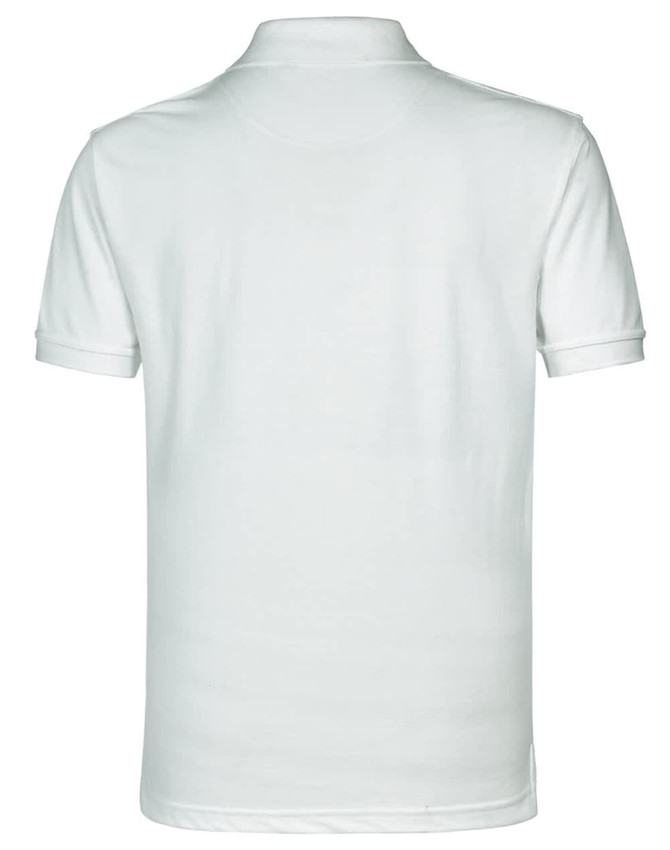 A white men's polo shirt featuring short sleeves and a collar, with a logo on the back.