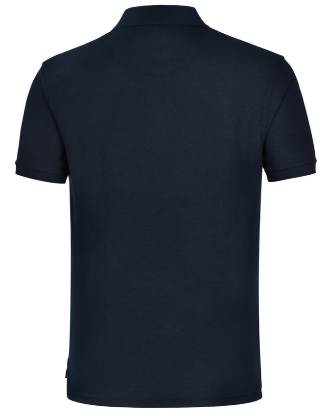 A dark blue men's polo shirt with a classic collar and short sleeves, featuring a logo on the side.