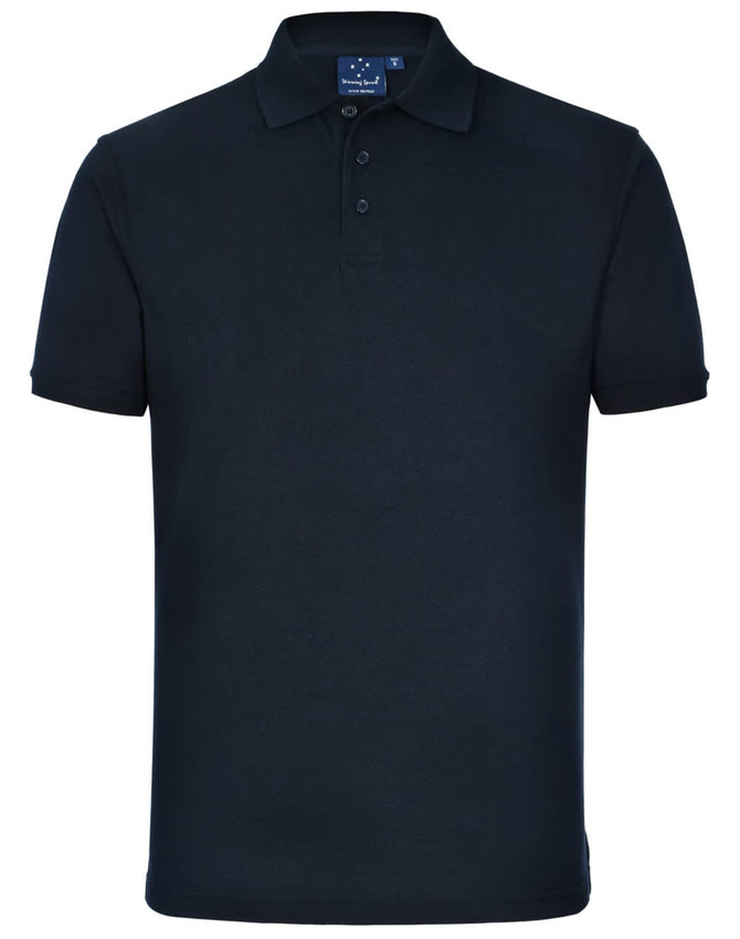 A navy polo shirt with a collar, short sleeves, and a logo on the chest.