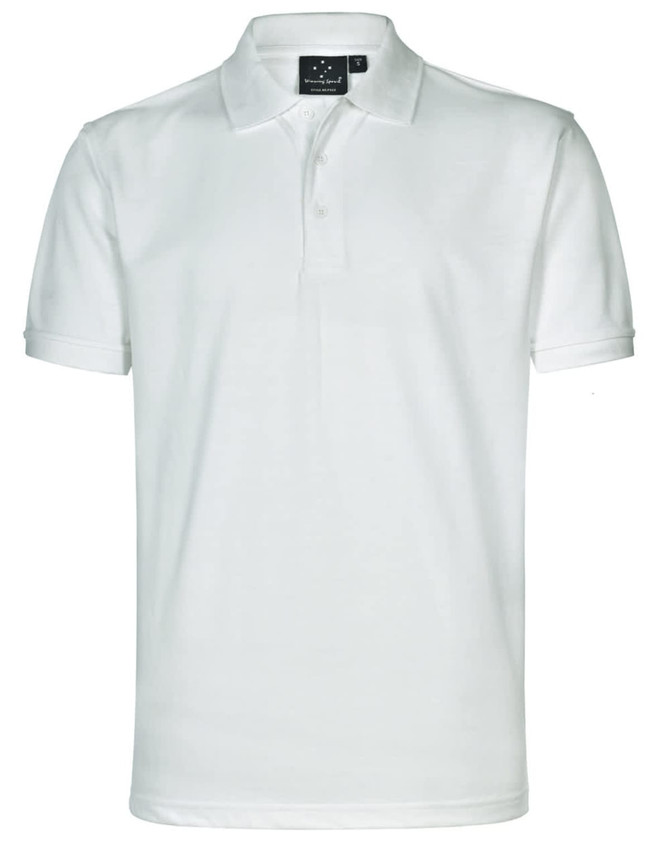 A white polo shirt with a collar and short sleeves, featuring a logo on the neckline.