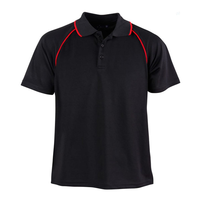 A black polo shirt with red accents and a collar, featuring a logo on the chest.
