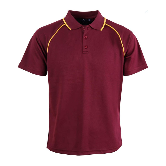 A maroon polo shirt with yellow accent detailing and a branding logo on the front.