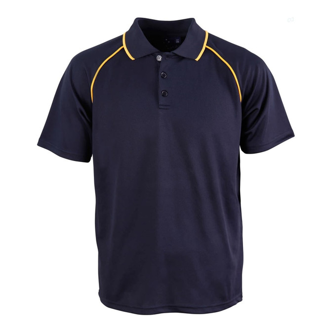 A navy polo shirt with yellow accents and a three-button placket. It features a logo on the chest.