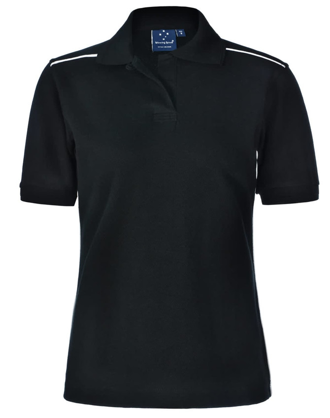 A black polo shirt for women with short sleeves and two white stripes on the shoulders. It features a logo on the chest.