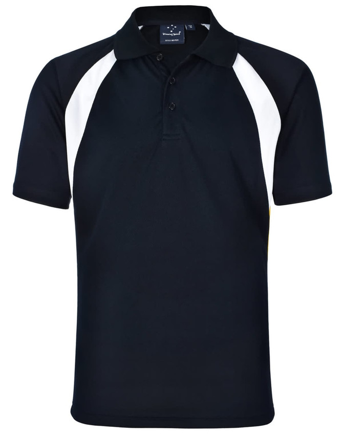 A black and white Men's Tri Sport Polo shirt with a logo on the chest and short sleeves.