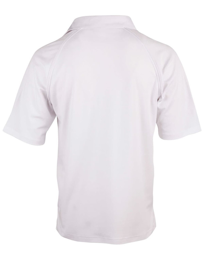 A white men's cricket polo shirt featuring a classic design and short sleeves, with a logo on the back.