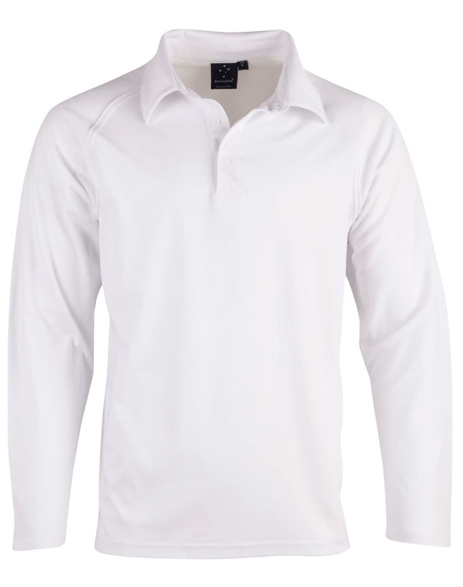 A long-sleeve white cricket polo shirt with a collar and a branding logo.