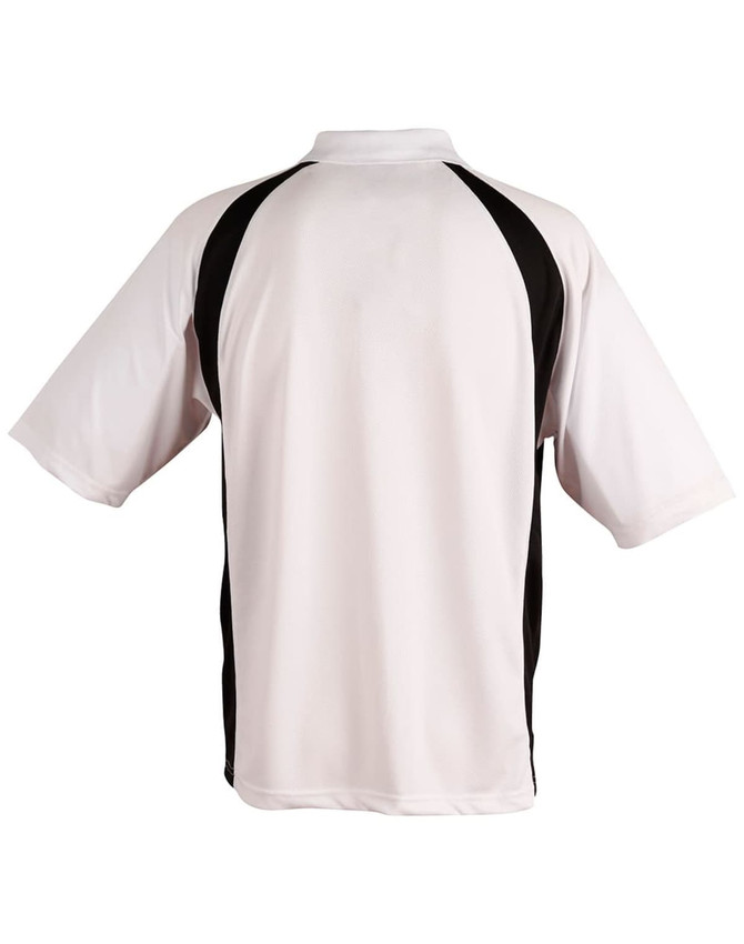 A men's polo shirt in white with black accents, featuring a logo on the side.