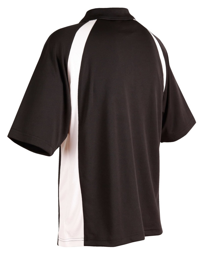 A black and white men's polo shirt featuring a sporty design and a logo on the front.