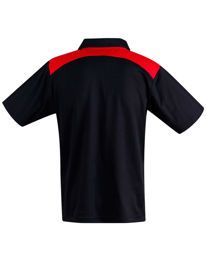 A black polo shirt with red accents, featuring short sleeves and a collar. It has a small logo on the front.