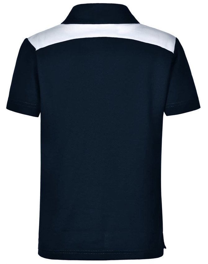 A navy blue children's polo shirt with a white shoulder panel and a logo on the back.