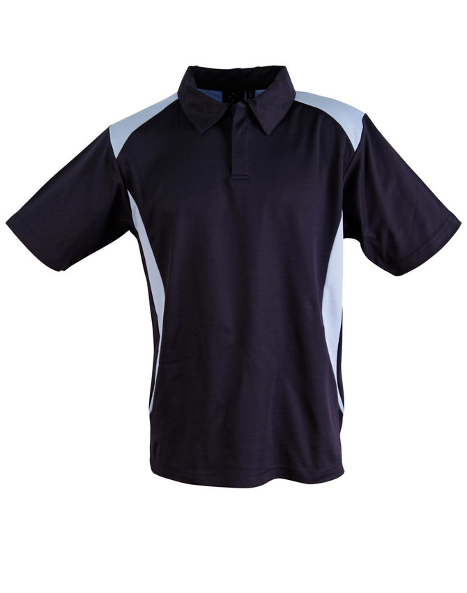 A navy polo shirt with light blue accents and a collar, featuring a logo.