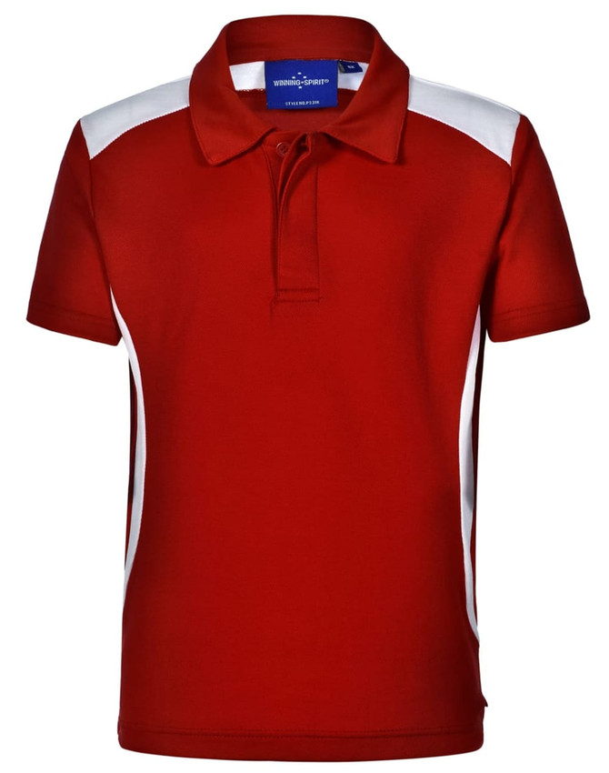 A red polo shirt with white side panels and a collar, featuring a logo on the inside neckline.