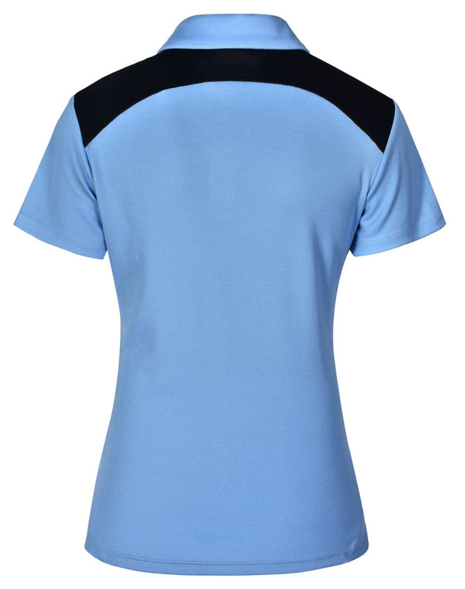 A light blue polo shirt with a black panel on the back. It features a collar and short sleeves.