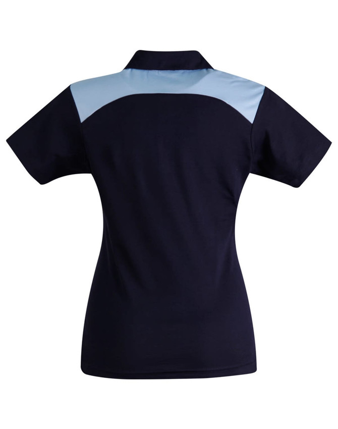 A navy blue polo shirt with light blue accents on the shoulders, featuring a logo.