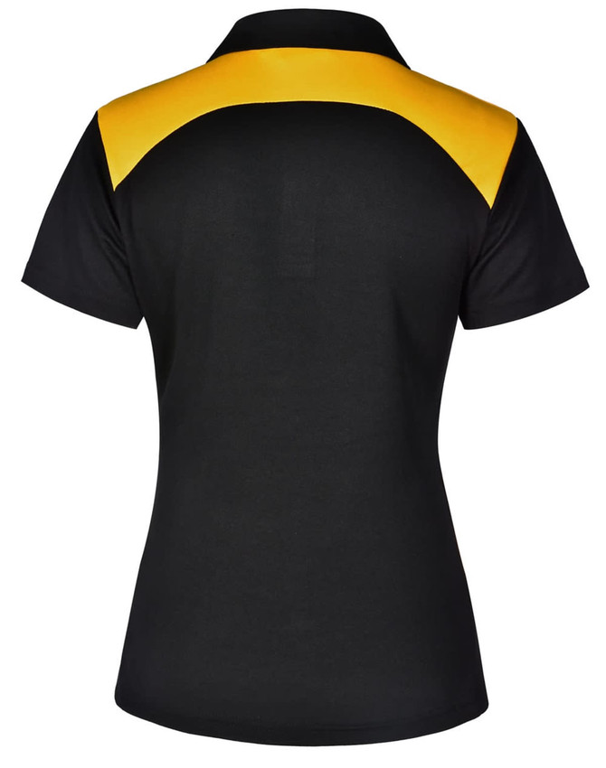 A black polo shirt featuring a yellow back design and a logo on the chest.