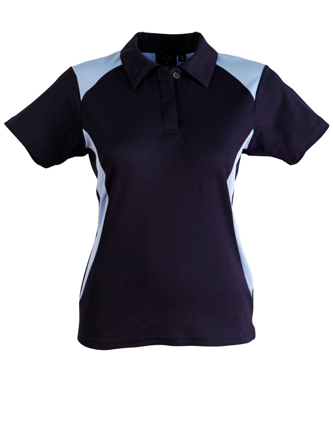 A navy and light blue polo shirt for women, featuring a collar and short sleeves, with a logo on the chest.