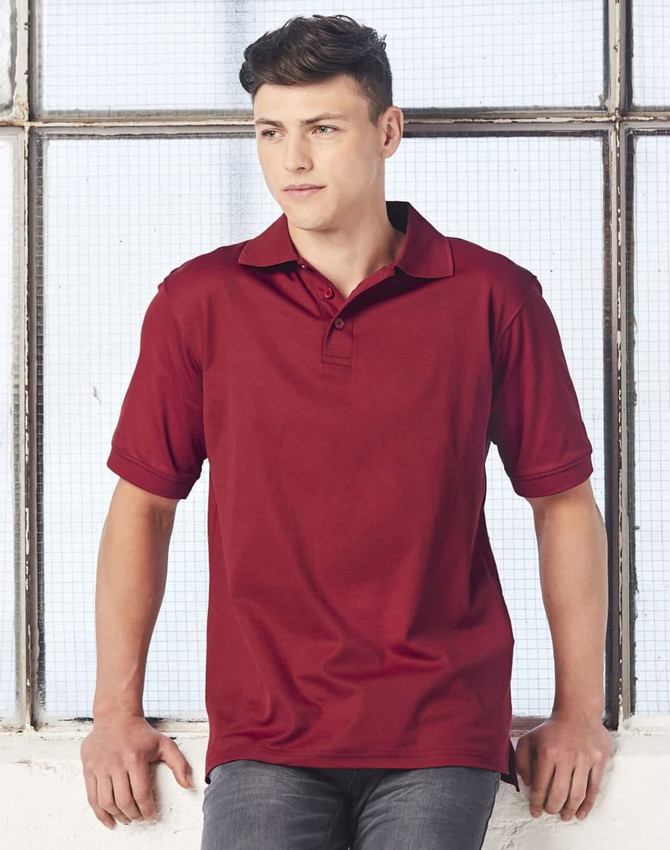 A men's polo shirt in a rich burgundy colour, featuring a collar and short sleeves, with a logo on the chest.