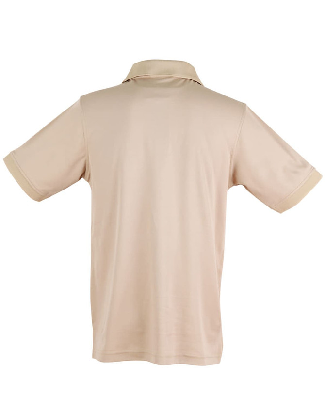 A beige men's polo shirt with short sleeves and a collar, featuring a logo on the front.