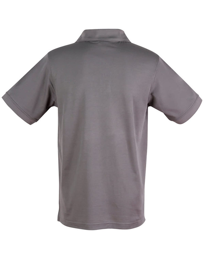 A grey men's polo shirt featuring a collar and short sleeves, with a logo on the back.