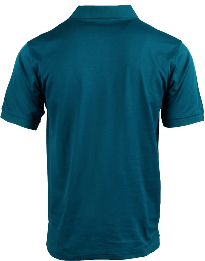 A teal men's polo shirt with a collar and short sleeves, featuring a logo on the back.
