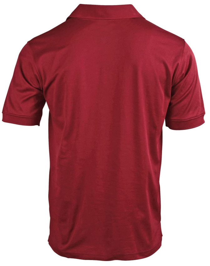 A red men's polo shirt featuring a collar and short sleeves, with a logo on the back.