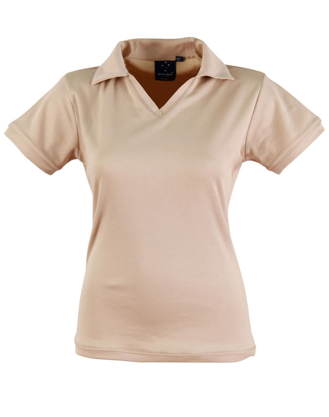 A beige ladies' polo shirt with a collared neckline and short sleeves, featuring a logo on the chest.