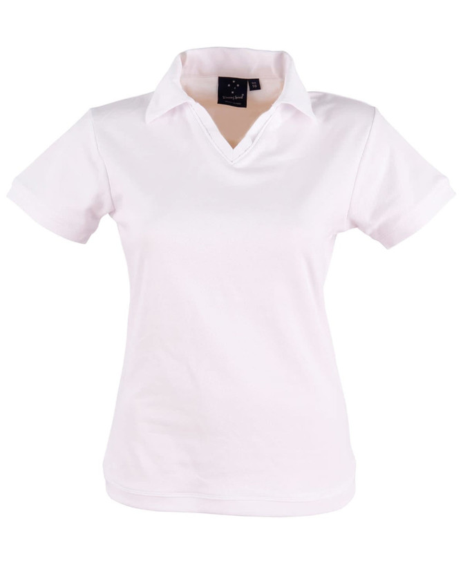 A white ladies' polo shirt with a collar and short sleeves, featuring a logo on the label.