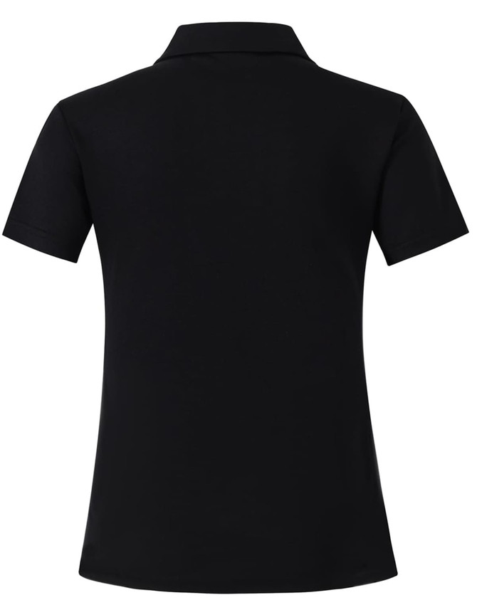 A black short sleeve polo shirt featuring a polo collar and a logo on the back.