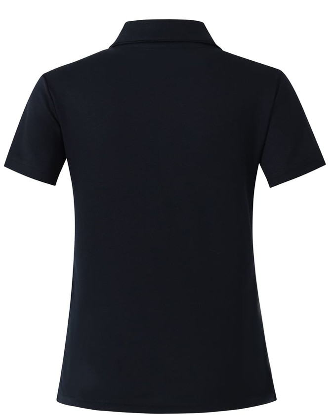 A navy short sleeve polo shirt featuring a sleek design and a logo on the back.