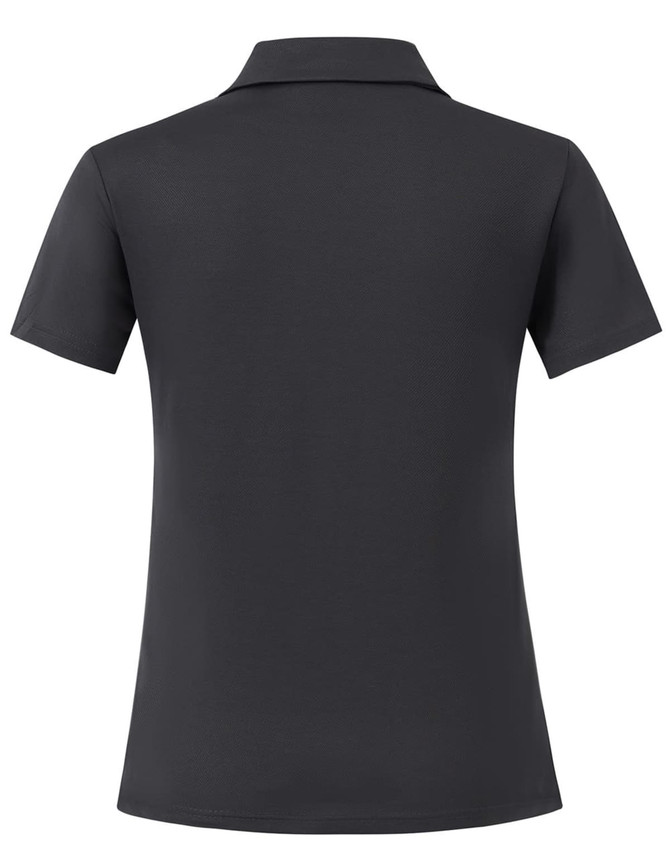 A grey women's polo shirt with a classic short sleeve design, featuring a back view and a logo.