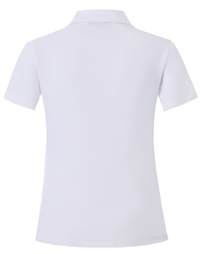 A white short sleeve polo shirt featuring a smooth fabric and a collar, with a branding logo on the back.