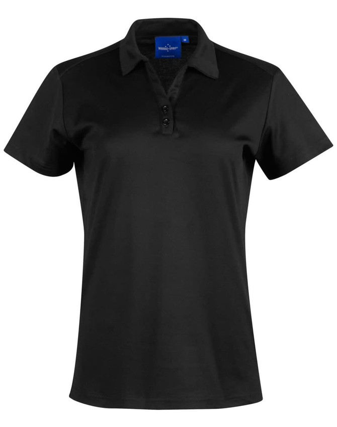 A black short sleeve polo shirt with a collar and button detailing, featuring a logo on the chest.