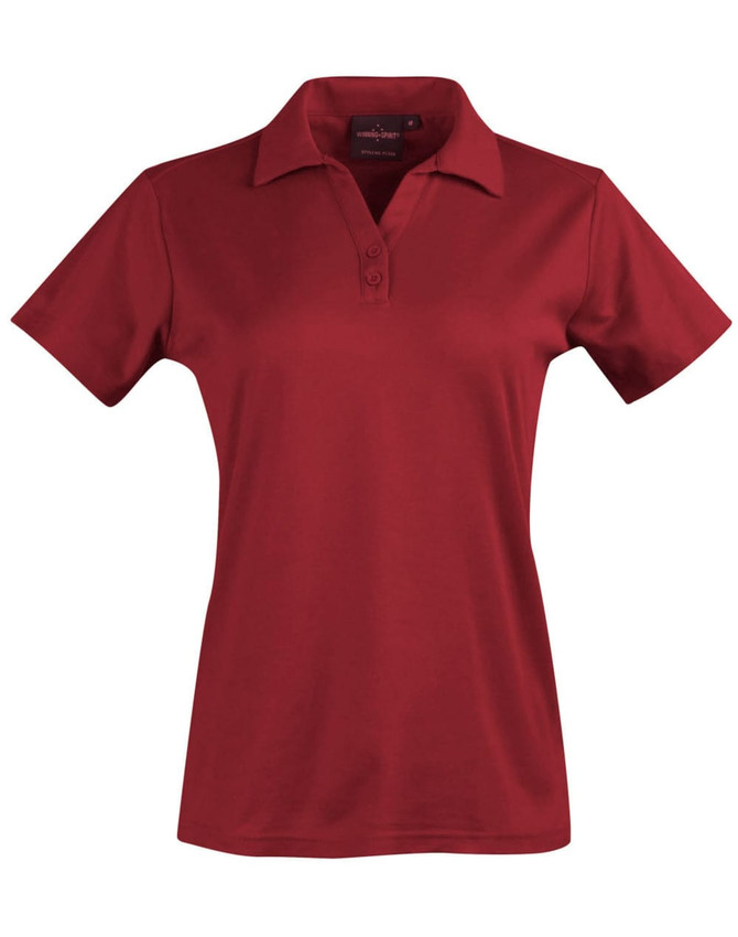 A red women's short sleeve polo shirt with a collar, featuring buttons and a logo.