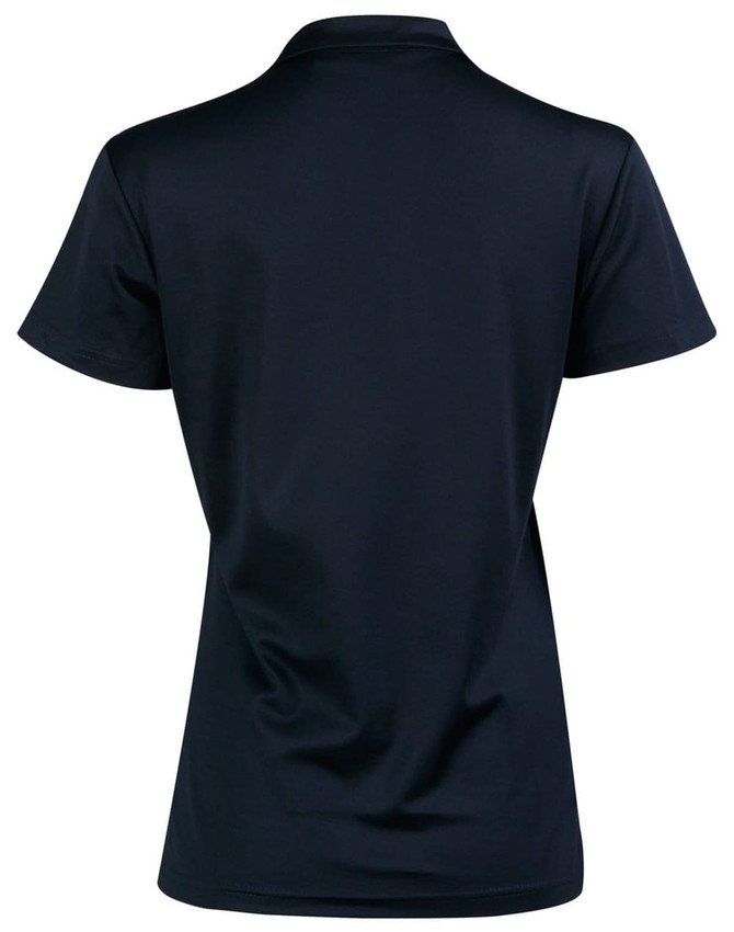 A navy short sleeve polo shirt featuring a sleek design and a logo on the back.
