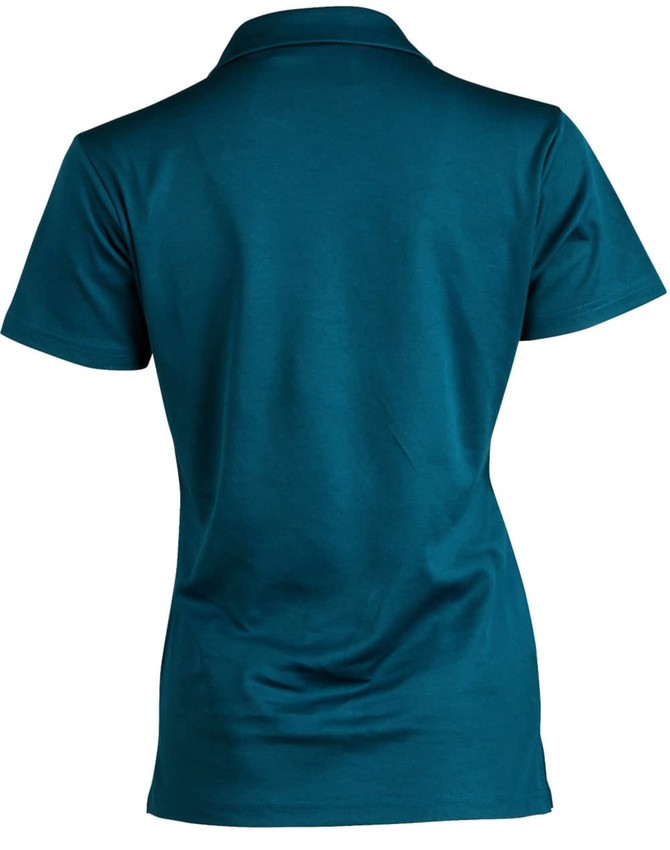 A teal short sleeve polo shirt with a fitted design and a collar, featuring a logo on the back.