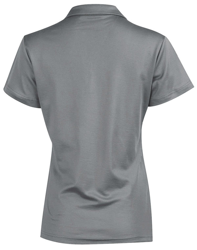 A grey women's polo shirt with a classic short sleeve design, featuring a back view and a logo.