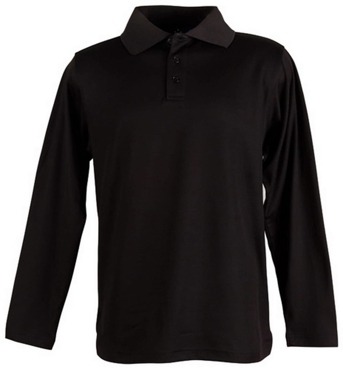 A black long sleeve polo shirt with a collar and three buttons, featuring a logo on the chest.