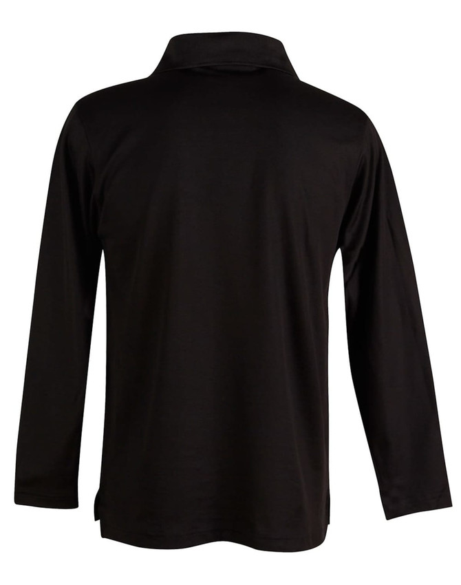 A black long sleeve polo shirt with a collar and a back view. It features a logo.