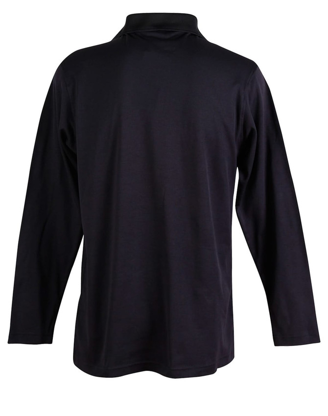 A long sleeve polo shirt in black, featuring a classic collar and a back view with a logo.