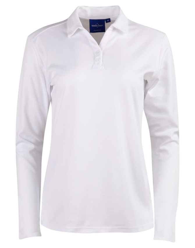 A white long sleeve polo shirt with a collar and buttons, featuring a logo on the front.