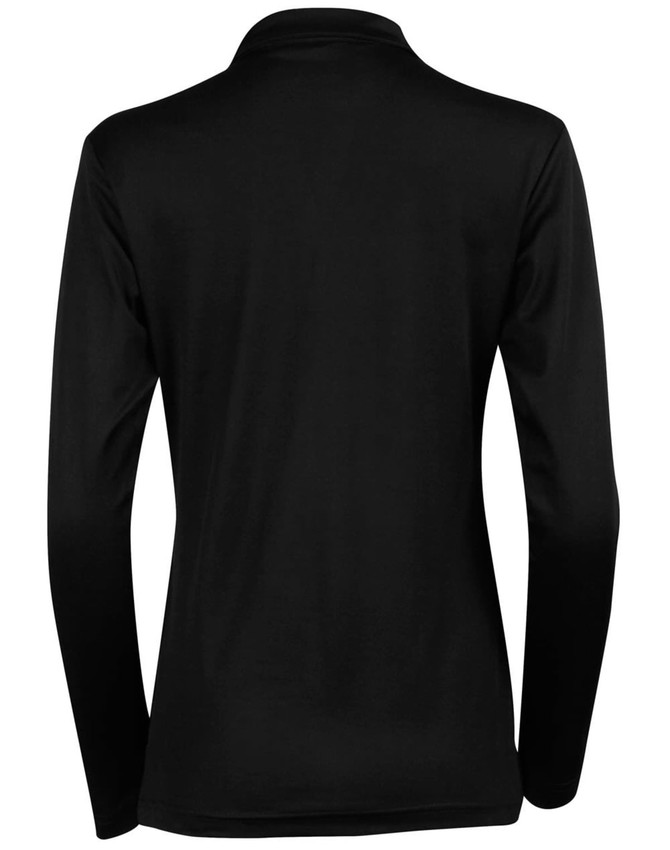 A black long sleeve polo shirt featuring a collar and a smooth fabric finish, with a logo on the back.