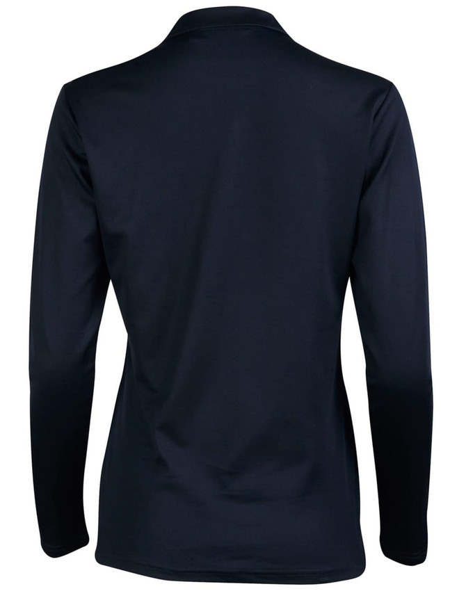 A navy long sleeve polo shirt featuring a smooth back design and a collar. It includes a logo detail.
