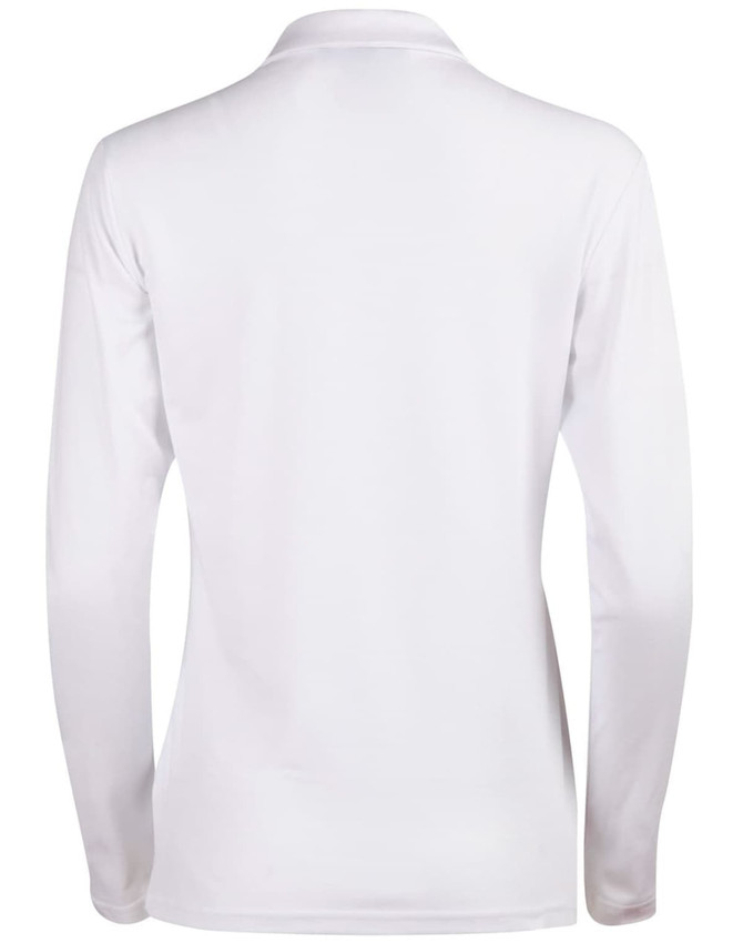 A long sleeve polo shirt in white, featuring a collar and a brand logo on the back.