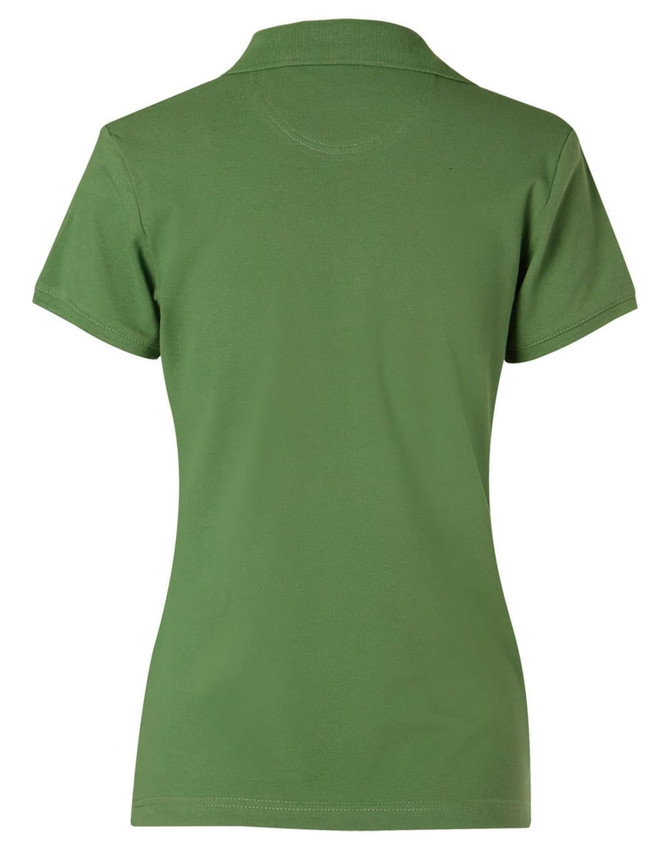 A green ladies' polo shirt featuring a collar and a logo on the back.