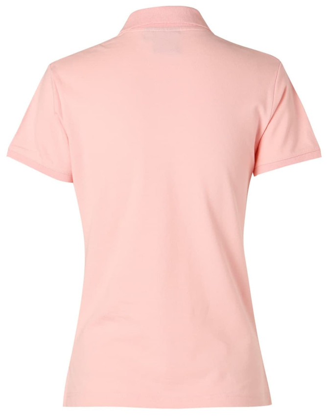 A pink ladies' polo shirt featuring a classic design with a collar and short sleeves, and includes a logo.