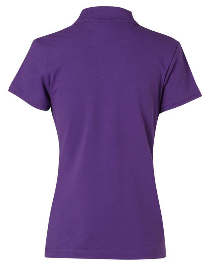 A purple ladies' polo shirt featuring a classic short sleeve design and a collar, with a logo on the back.