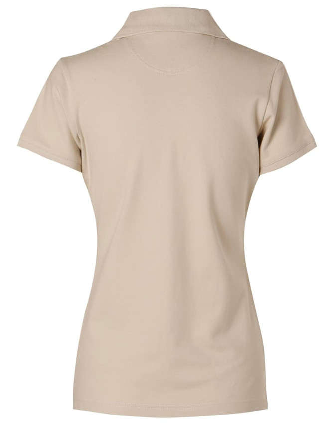 A beige ladies' polo shirt featuring a collar and short sleeves, with a logo on the back.